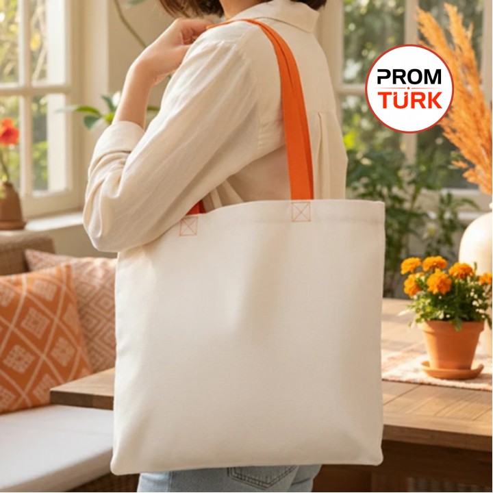 Turuncu Kulplu Gabardin Bez Çanta 